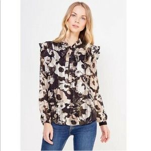 BR Banana Republic Brown Ruffle Floral Long Sleeve Blouse Size Small